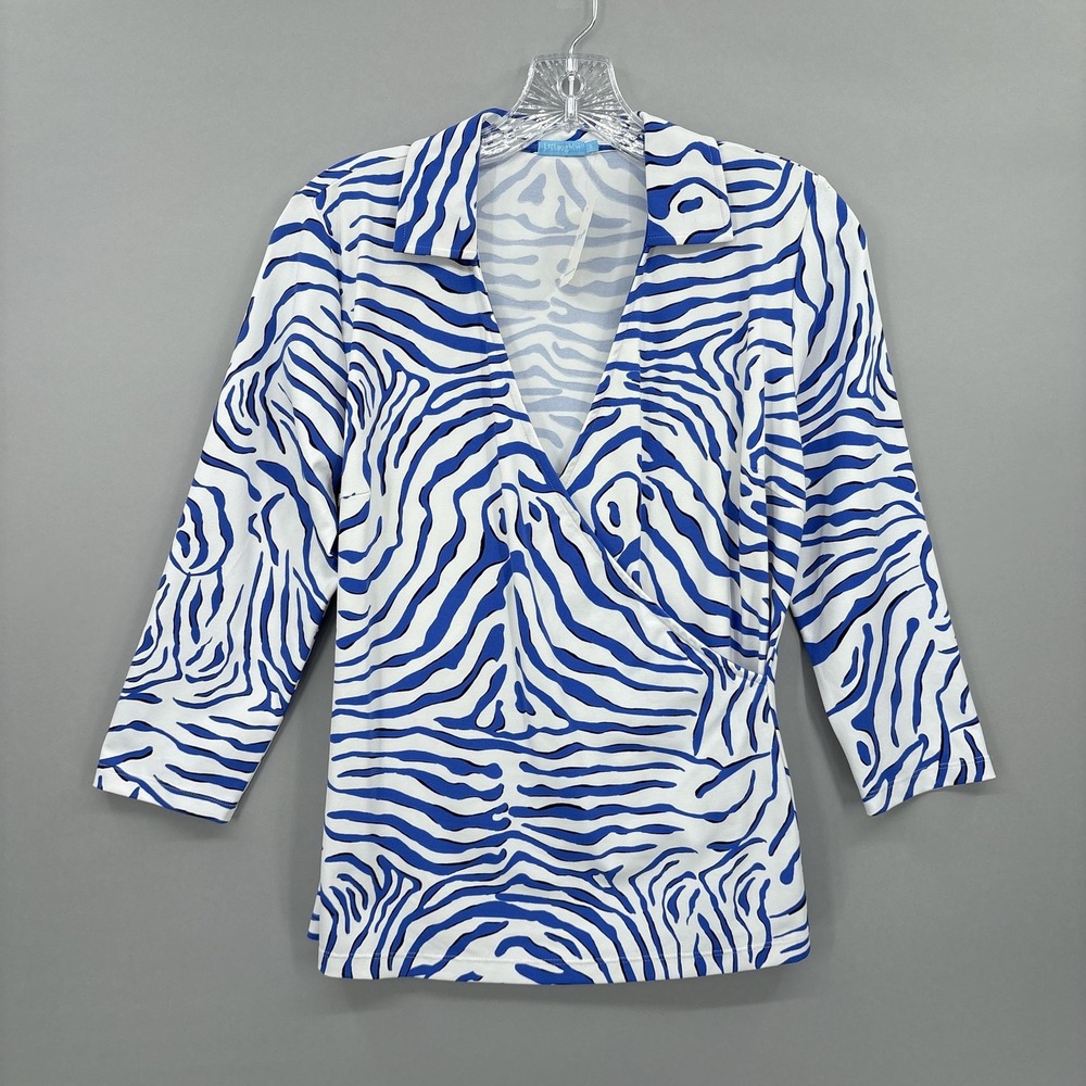 J. McLaughlin Wrap Shirt Tee Womens Small Blue White Zebra V Neck 3/4 Sleeve NEW